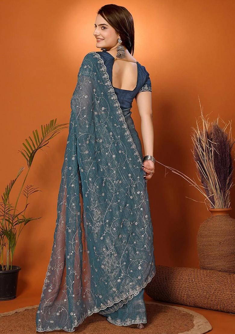 Teal Floral Embroidered Tissue Saree Set