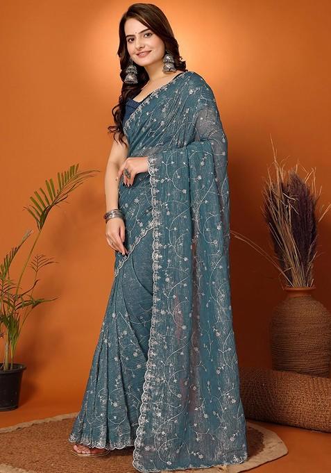 Teal Floral Embroidered Tissue Saree Set
