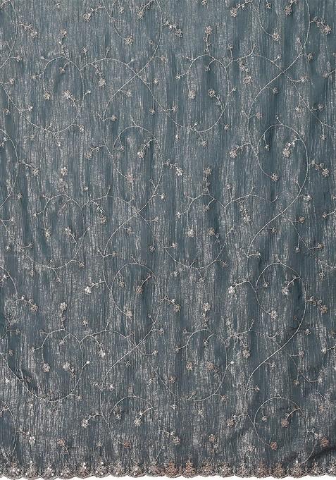 Teal Floral Embroidered Tissue Saree Set