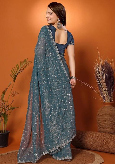 Teal Floral Embroidered Tissue Saree Set