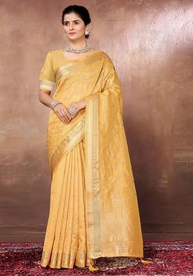 Yellow Ethnic Motifs Woven Silk Cotton Chanderi Silk Saree Set