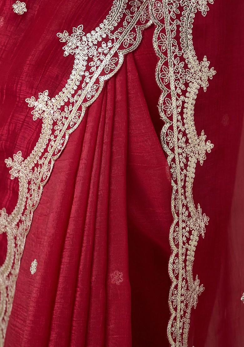 Maroon Embellished Embroidered Tissue Saree Set - Indya