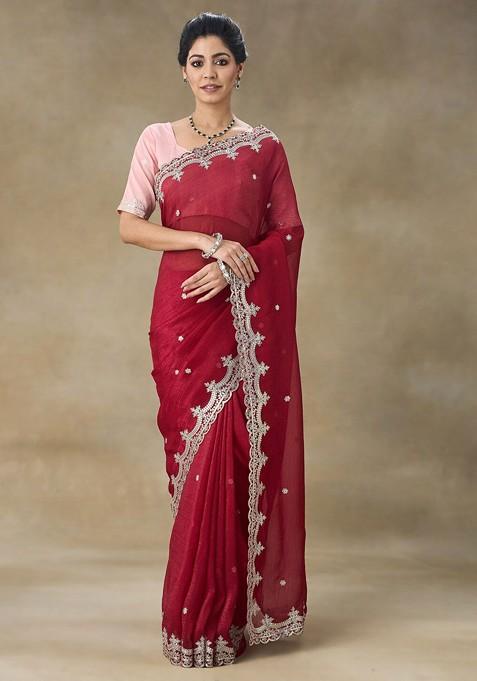 Maroon Embellished Embroidered Tissue Saree Set