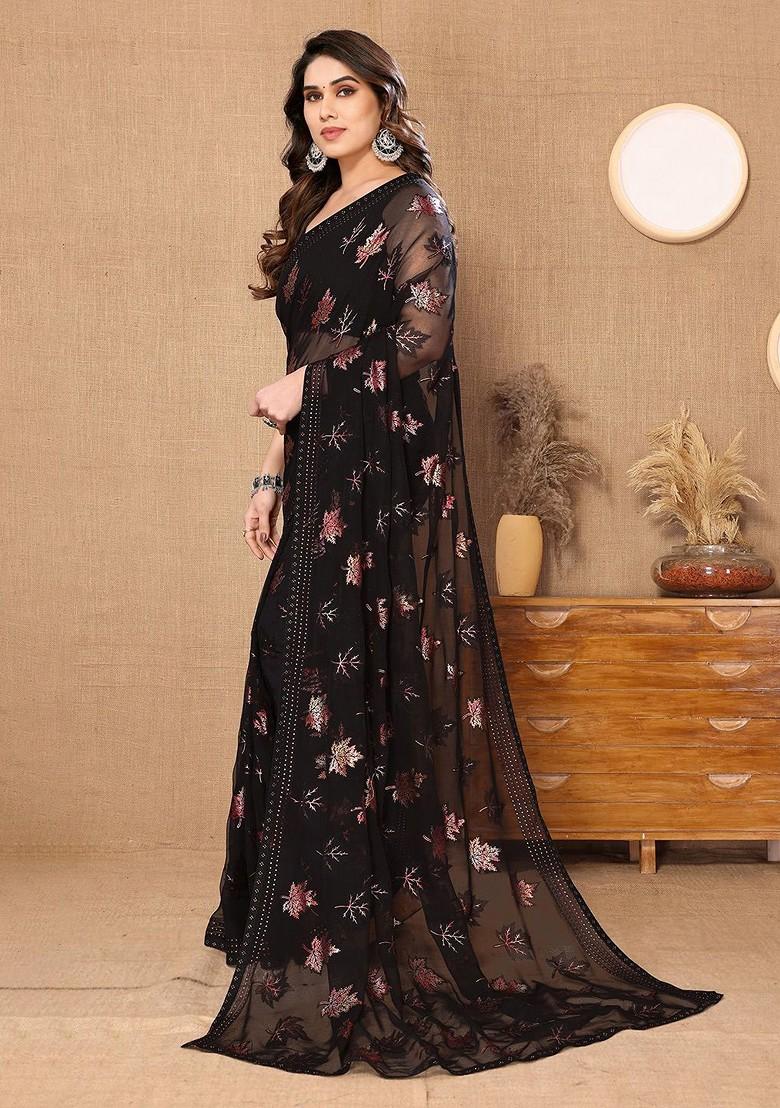 Black Floral Embellished Pure Chiffon Saree Set