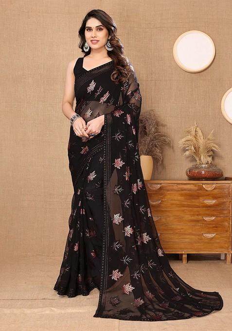 Black Floral Embellished Pure Chiffon Saree Set