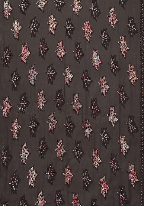 Black Floral Embellished Pure Chiffon Saree Set