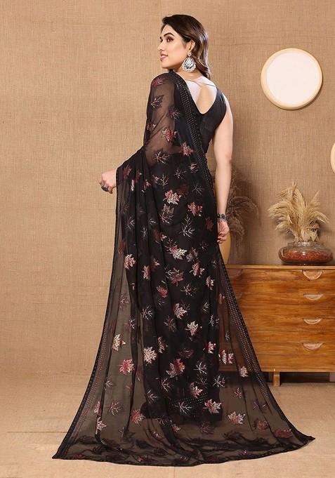 Black Floral Embellished Pure Chiffon Saree Set