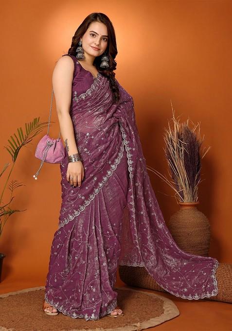 Magenta Embellished Zardozi Tissue Saree Set