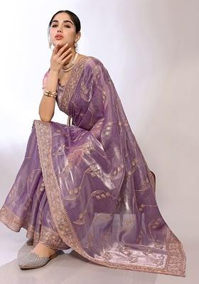 Lavender Floral Embroidered Saree Set