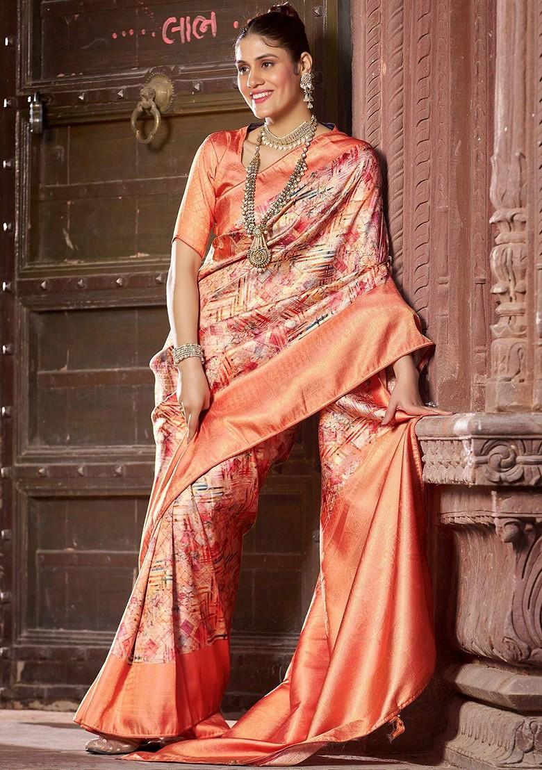 Peach Printed Pure Cotton Saree Set