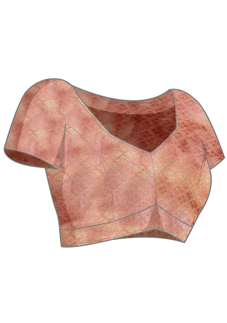 Peach Printed Pure Cotton Saree Set