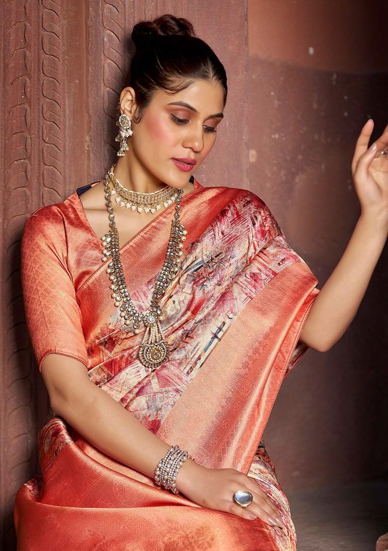 Peach Printed Pure Cotton Saree Set