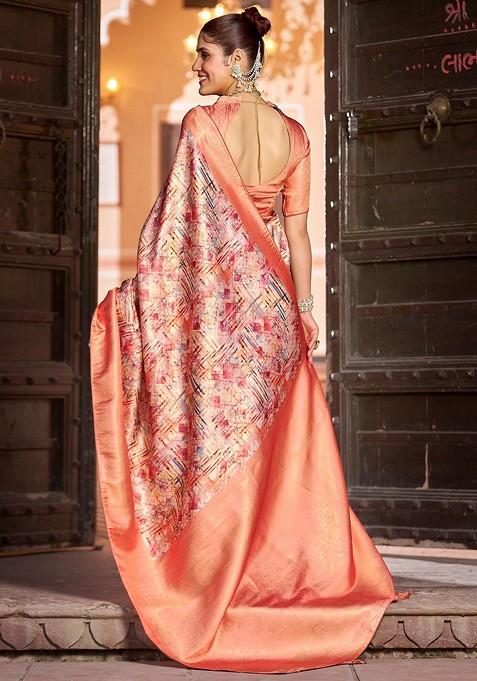 Peach Printed Pure Cotton Saree Set