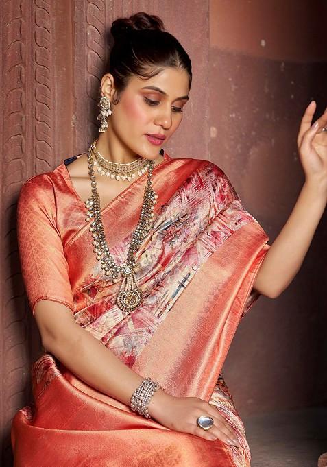 Peach Printed Pure Cotton Saree Set
