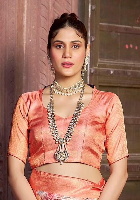 Peach Printed Pure Cotton Saree Set