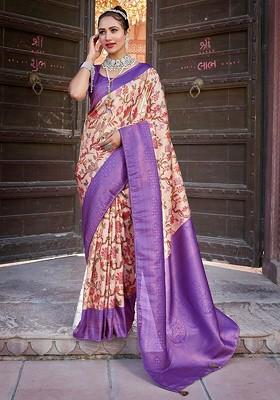 Purple Kalamkari Printed Zari Pure Kanjeevaram Silk Saree Set