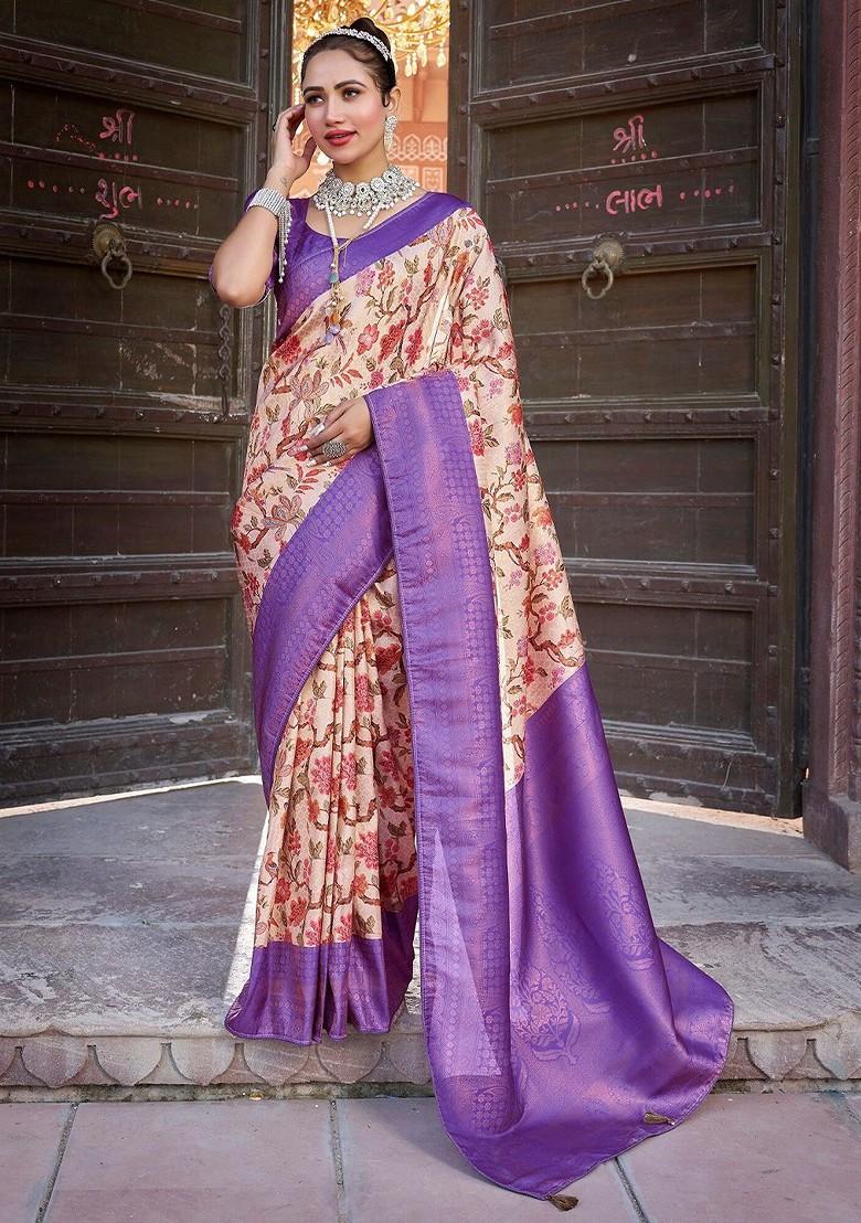 Purple Kalamkari Printed Zari Pure Kanjeevaram Silk Saree Set