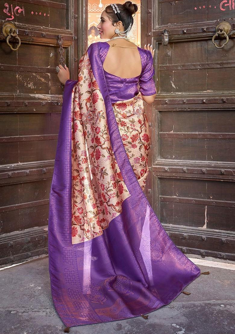 Purple Kalamkari Printed Zari Pure Kanjeevaram Silk Saree Set