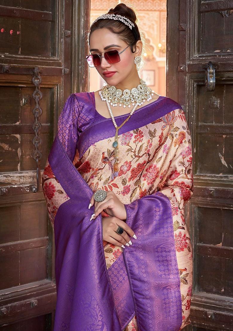 Purple Kalamkari Printed Zari Pure Kanjeevaram Silk Saree Set