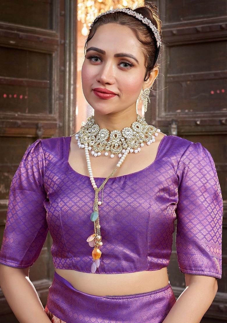 Purple Kalamkari Printed Zari Pure Kanjeevaram Silk Saree Set