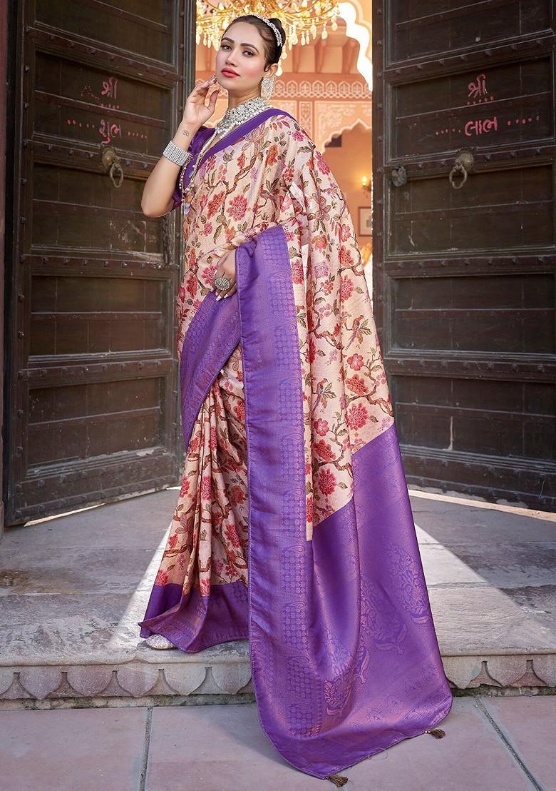 Purple Kalamkari Printed Zari Pure Kanjeevaram Silk Saree Set