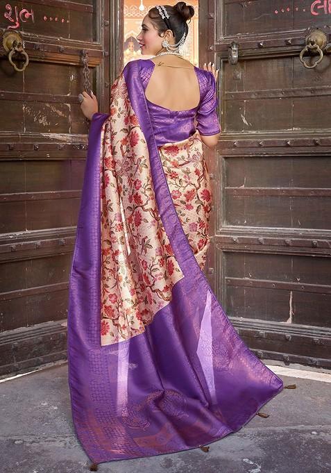 Purple Kalamkari Printed Zari Pure Kanjeevaram Silk Saree Set