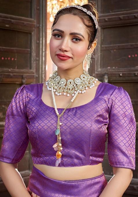 Purple Kalamkari Printed Zari Pure Kanjeevaram Silk Saree Set