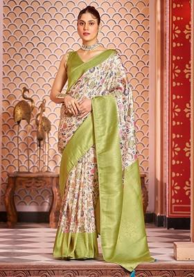 Lime Green Kalamkari Floral Print Pure Kanjeevaram Silk Zari Saree Set