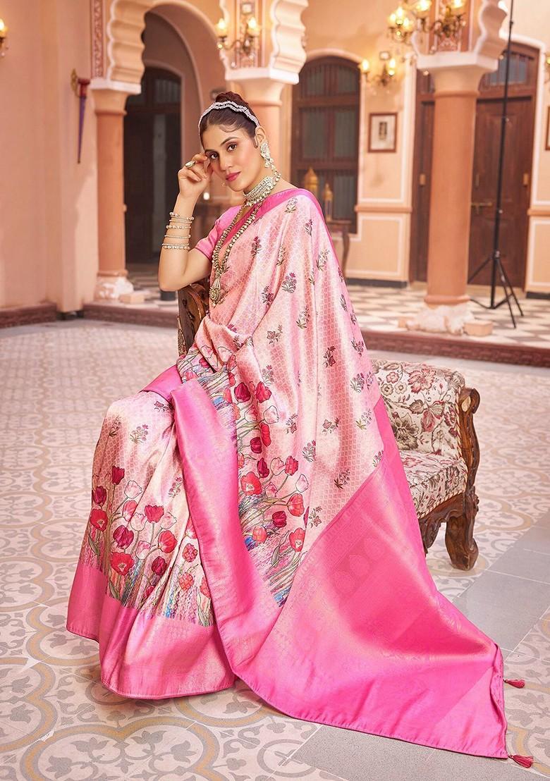 Pink Kalamkari Floral Woven Pure Kanjeevaram Silk Saree Set