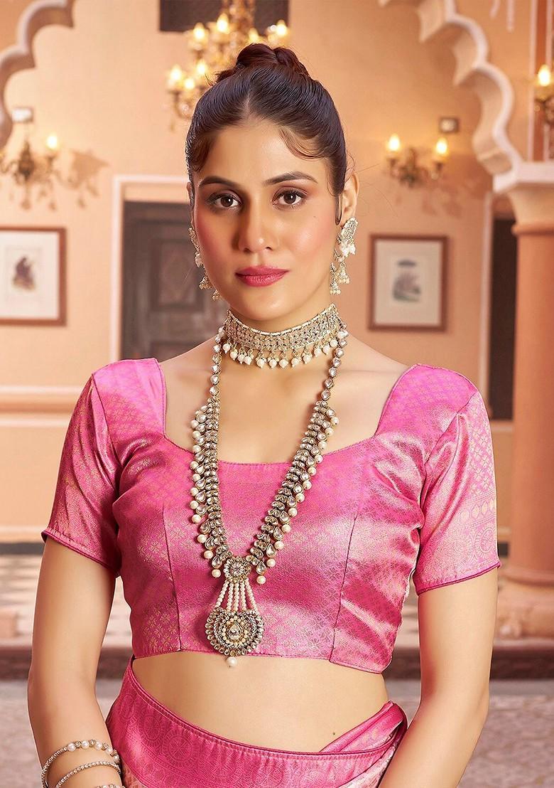 Pink Kalamkari Floral Woven Pure Kanjeevaram Silk Saree Set