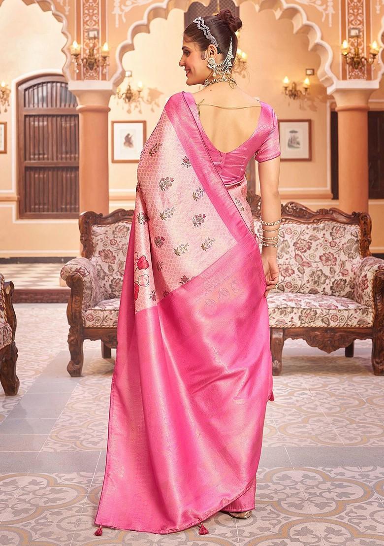 Pink Kalamkari Floral Woven Pure Kanjeevaram Silk Saree Set
