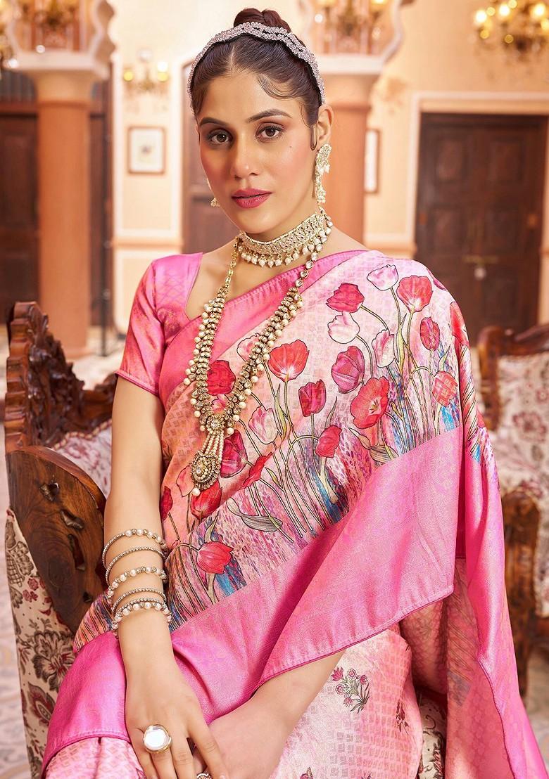 Pink Kalamkari Floral Woven Pure Kanjeevaram Silk Saree Set