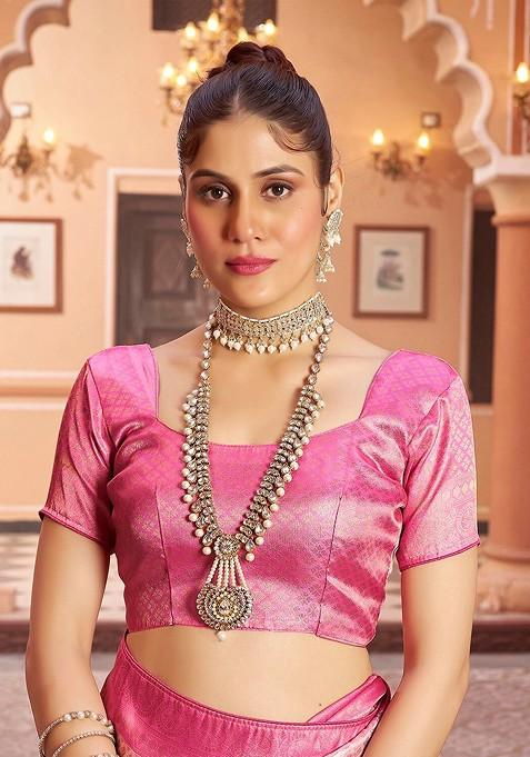 Pink Kalamkari Floral Woven Pure Kanjeevaram Silk Saree Set