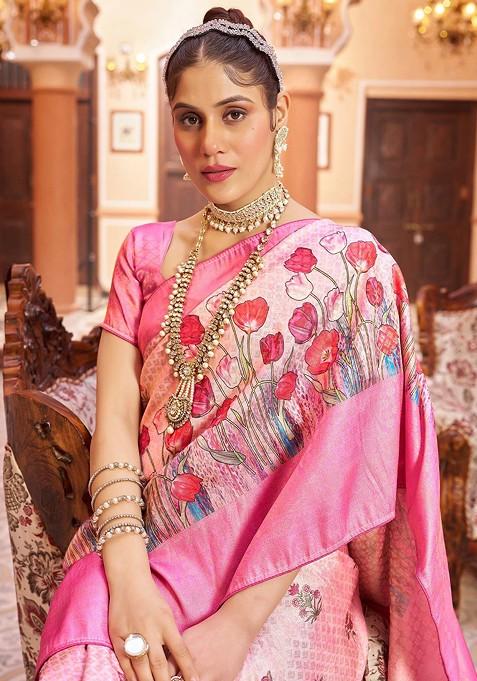 Pink Kalamkari Floral Woven Pure Kanjeevaram Silk Saree Set