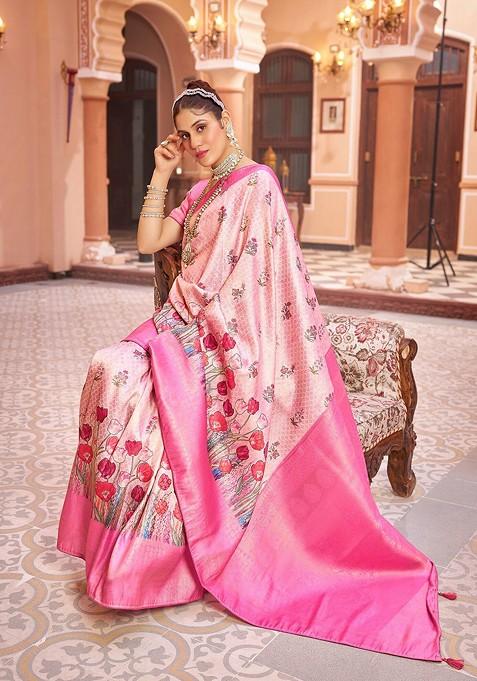 Pink Kalamkari Floral Woven Pure Kanjeevaram Silk Saree Set