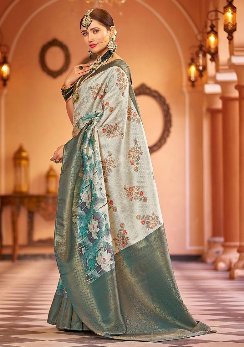 Teal Kalamkari Pure Kanjeevaram Silk Saree Set
