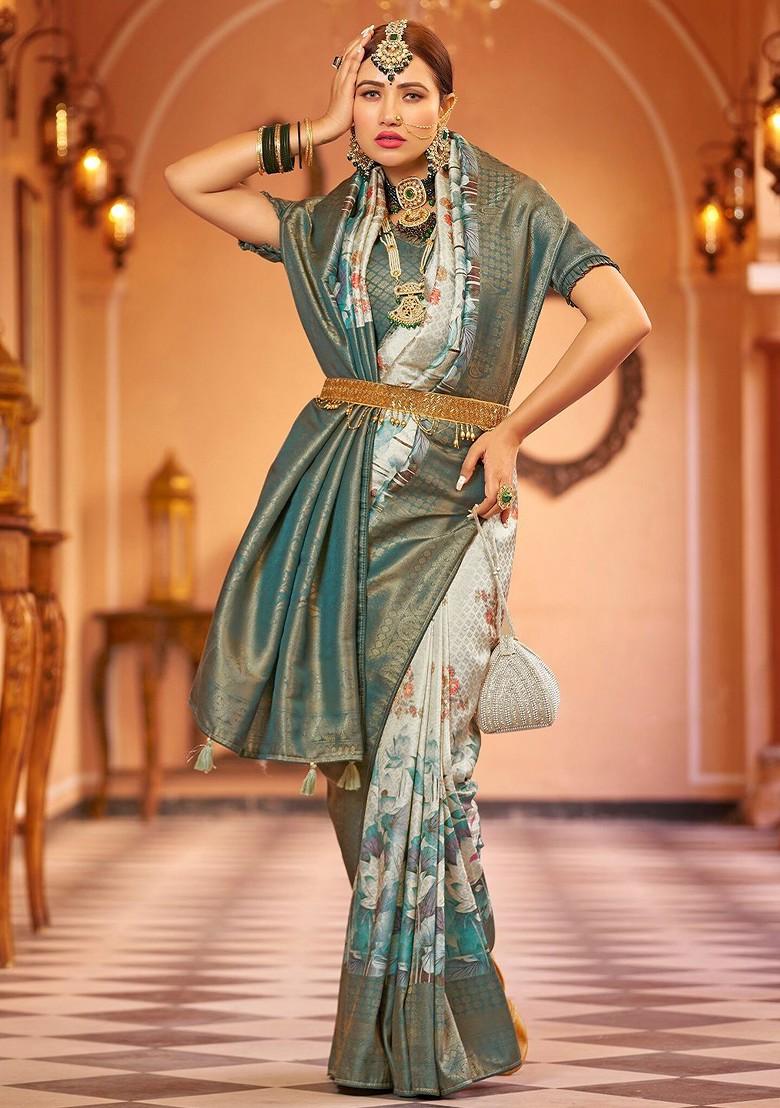 Teal Kalamkari Pure Kanjeevaram Silk Saree Set
