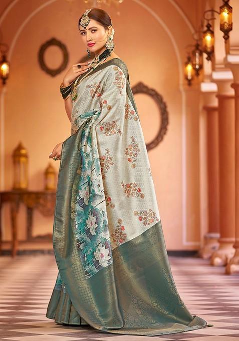 Teal Kalamkari Pure Kanjeevaram Silk Saree Set