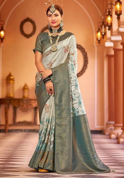 Teal Kalamkari Pure Kanjeevaram Silk Saree Set