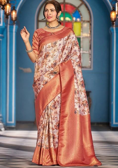 Mauve Kalamkari Pure Silk Kanjeevaram Zari Saree Set