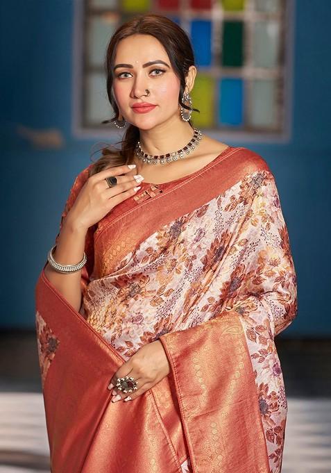 Mauve Kalamkari Pure Silk Kanjeevaram Zari Saree Set