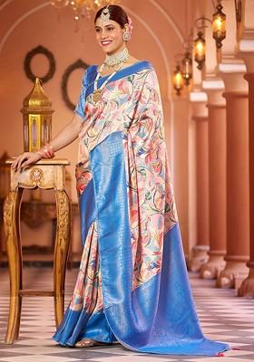 Turquoise Blue Kalamkari Pure Silk Kanjeevaram Zari Saree Set