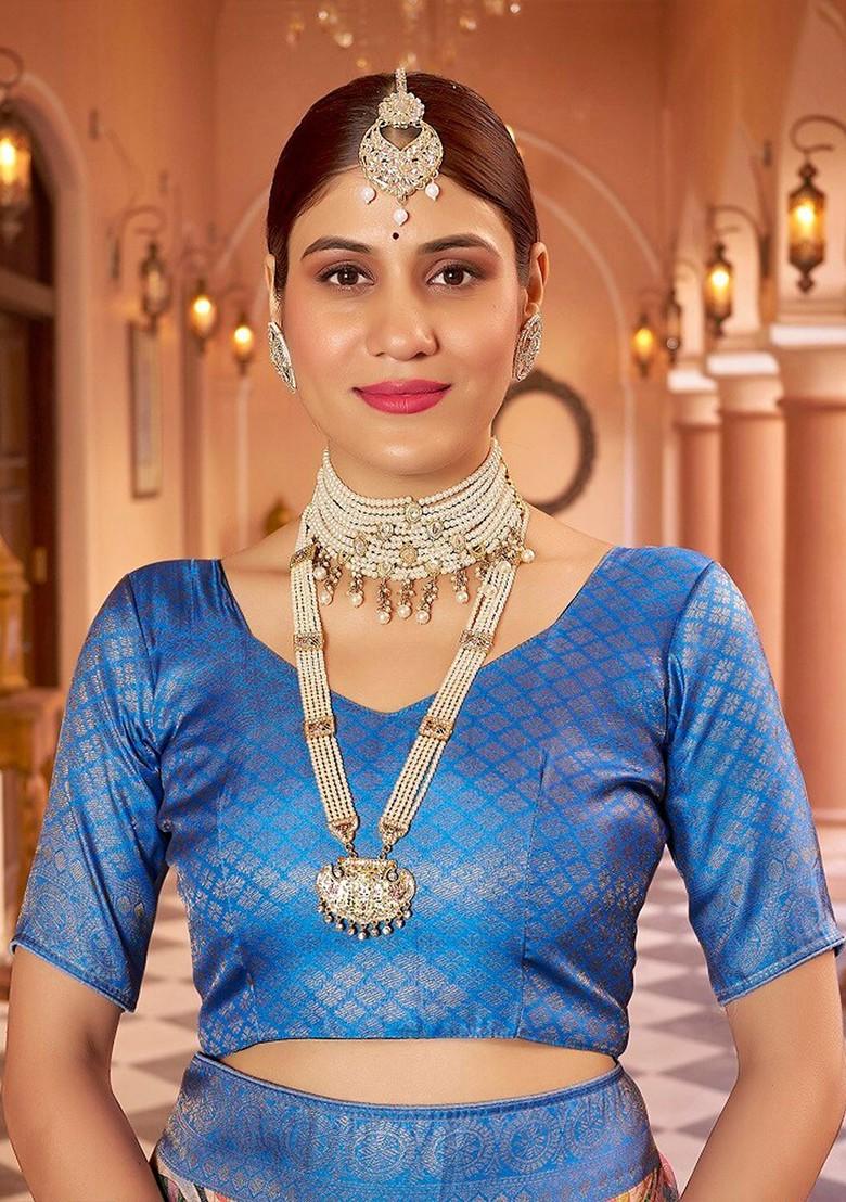 Turquoise Blue Kalamkari Pure Silk Kanjeevaram Zari Saree Set