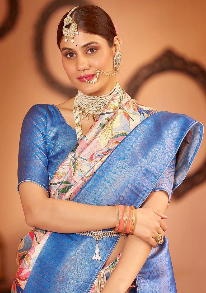 Turquoise Blue Kalamkari Pure Silk Kanjeevaram Zari Saree Set