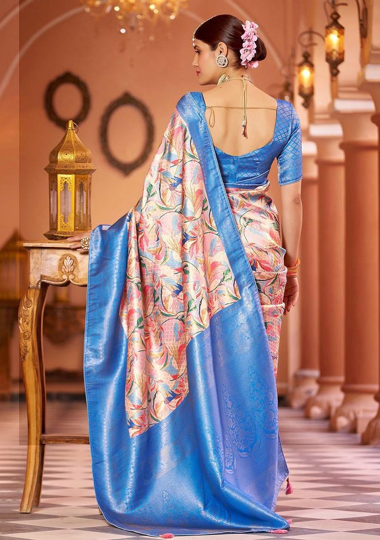 Turquoise Blue Kalamkari Pure Silk Kanjeevaram Zari Saree Set