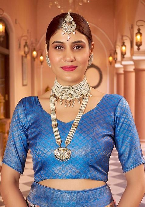 Turquoise Blue Kalamkari Pure Silk Kanjeevaram Zari Saree Set