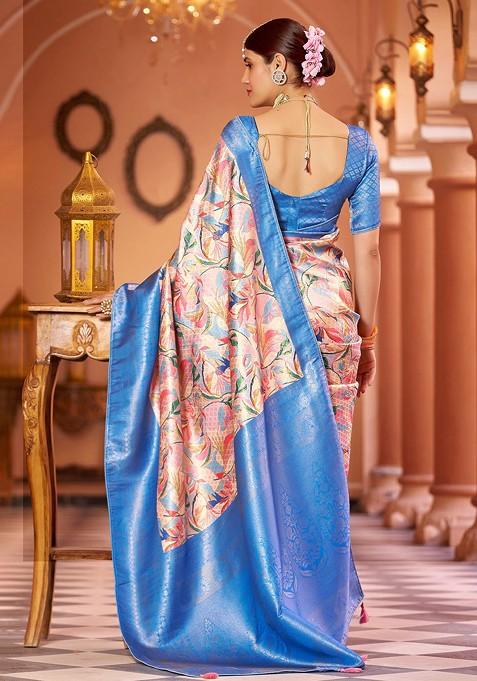 Turquoise Blue Kalamkari Pure Silk Kanjeevaram Zari Saree Set