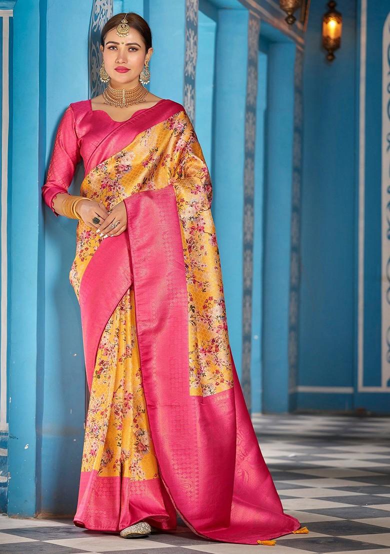 Pink Kalamkari Floral Pure Silk Kanjeevaram Zari Saree Set
