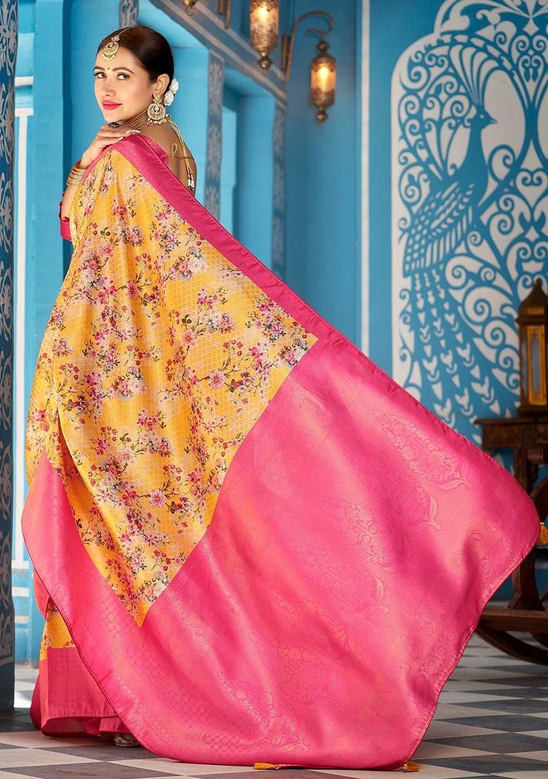 Pink Kalamkari Floral Pure Silk Kanjeevaram Zari Saree Set