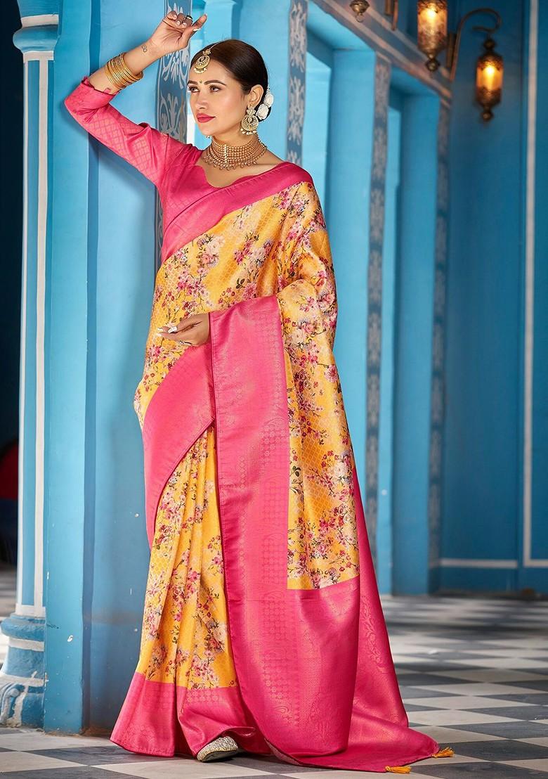 Pink Kalamkari Floral Pure Silk Kanjeevaram Zari Saree Set